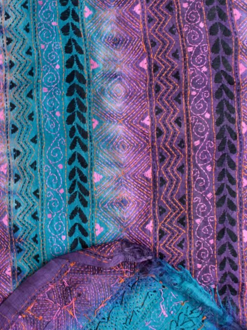 Blue,-purple-kanthawork-tussar-silk-fabric