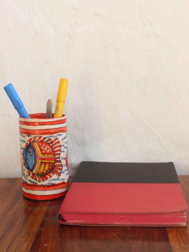 Fishes-painted-leather-pen-holder