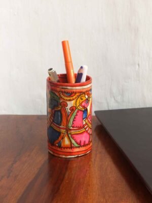 Peacocks-painted-leather-pen-holder