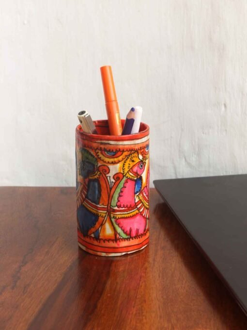 Peacocks-painted-leather-pen-holder