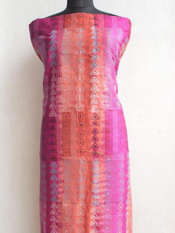 Pink-and-orange-kanthawork-tassar-silk-kurta-fabric-Shilphaat