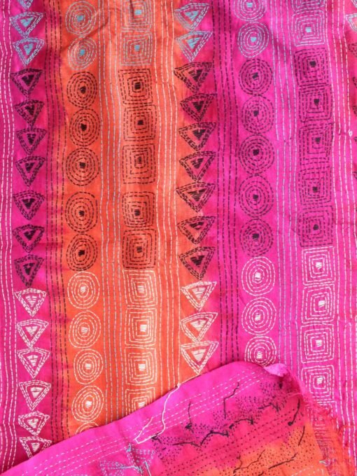 Pink-and-orange-kanthawork-tussar-silk-fabric
