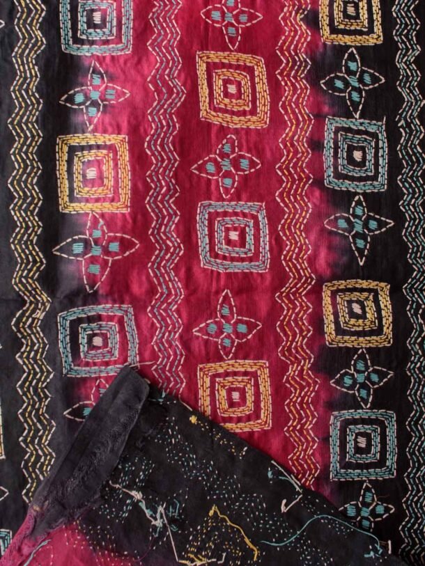 Red-and-black-kanthawork-tussar-silk-fabric