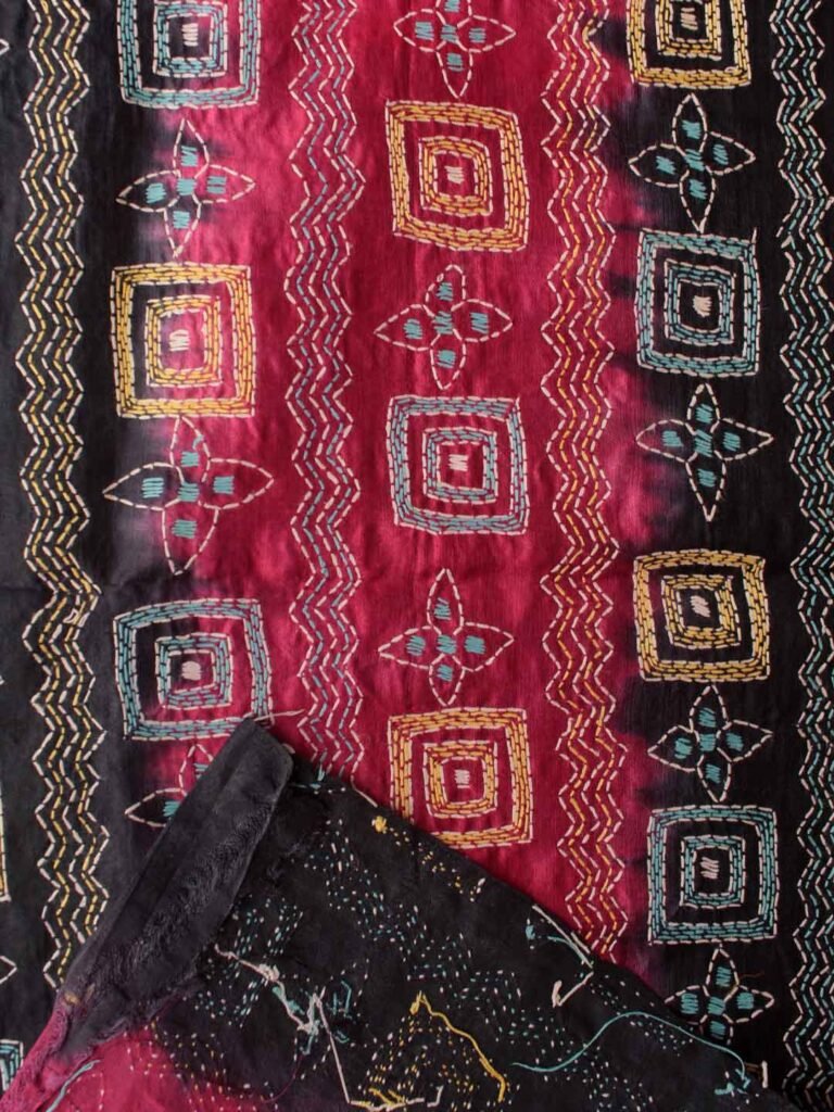 Multicolor - Bengal Hand Embroidery Patchwork Reversible Silk Kantha Dupatta 82