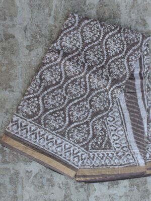 Block-printed-Brown-grey-kota-cotton-saree-Shilphaat
