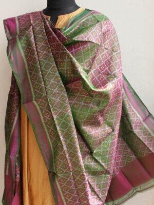 Greenish-plum-pink-handwoven-patola-silk-dupatta at Shilphaat.com