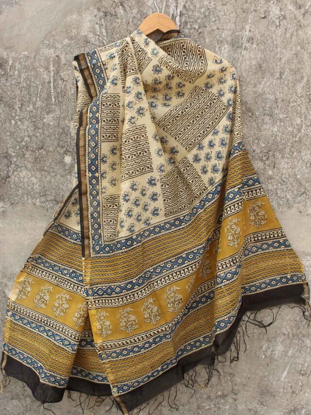 Blue,-Yellow,-beige-Block-Printed-Chanderi-Dupatta