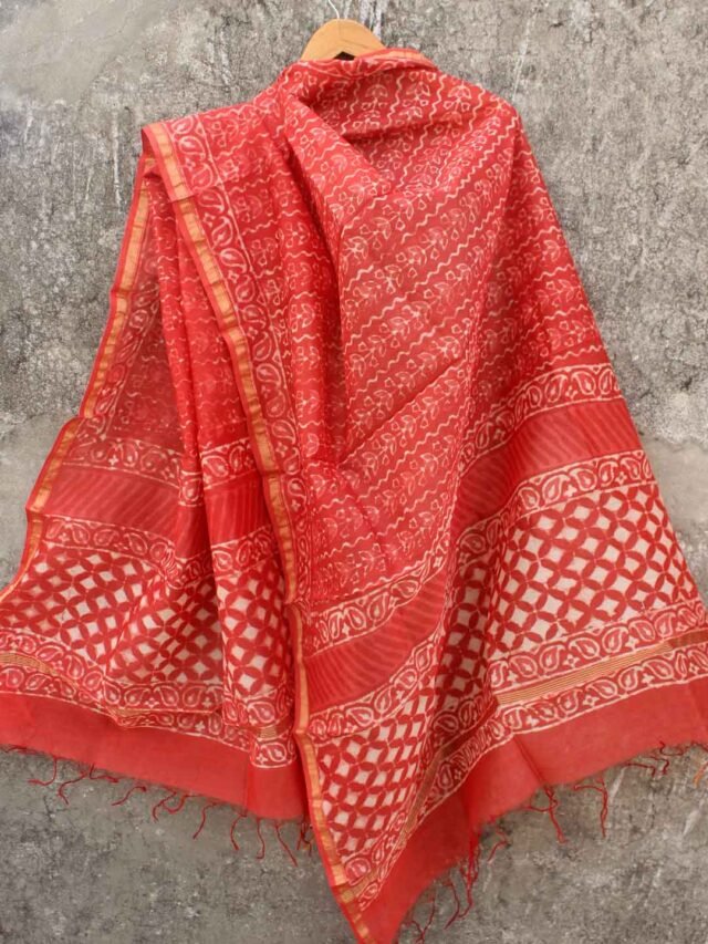 Carrot-red-block-print-Chanderi-Dupatta