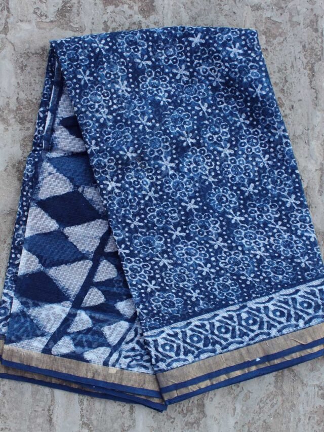 Floral-Indigo-block-printed-Kota-doriya-cotton-saree