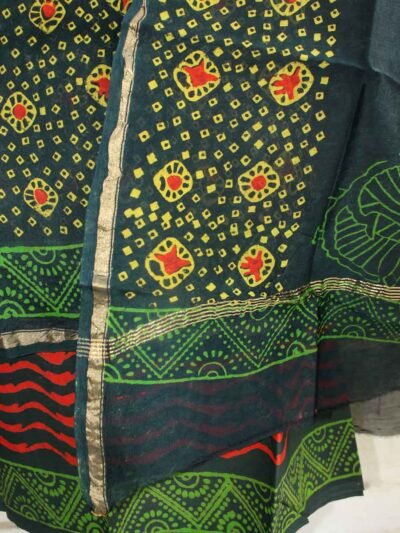 Green and Yellow Block-Print Chanderi Dress-material - Shilphaat.com