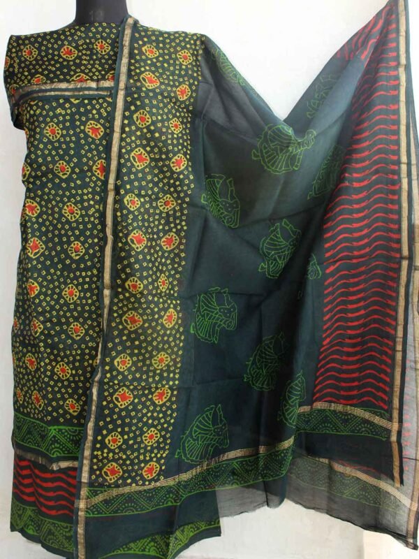 Green and Yellow Block-Print Chanderi Dress-material - Shilphaat.com