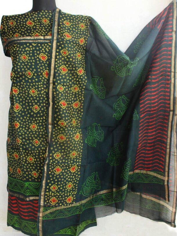 Green-and-yellow-block-printed-chanderi-Ladies-suit at Shilphaat.com