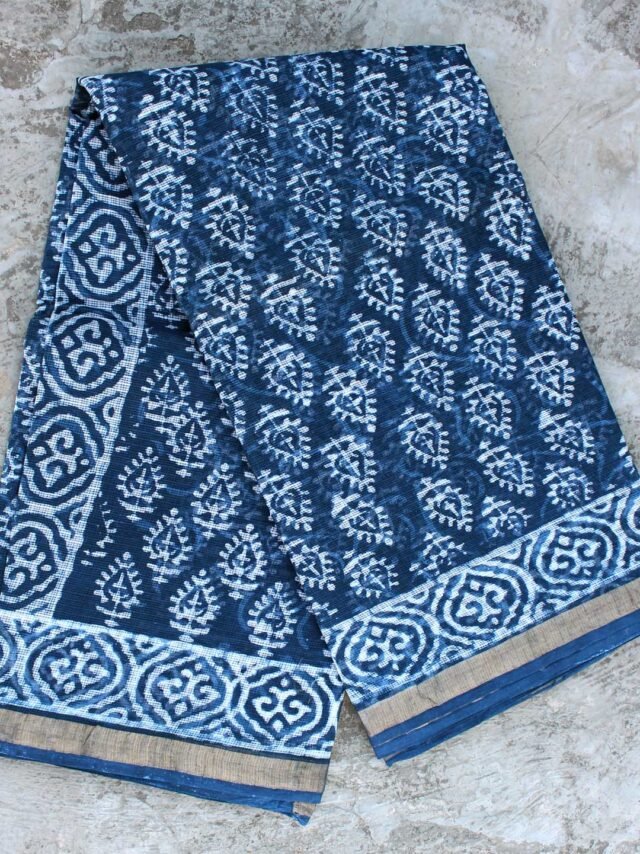 Leaves-block-printed-Indigo-kota-doriya-cotton-saree
