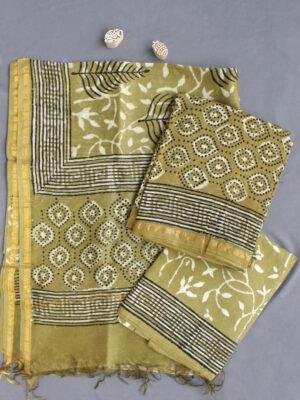 Yellowish-Green Block-Printed Chanderi Dress-material