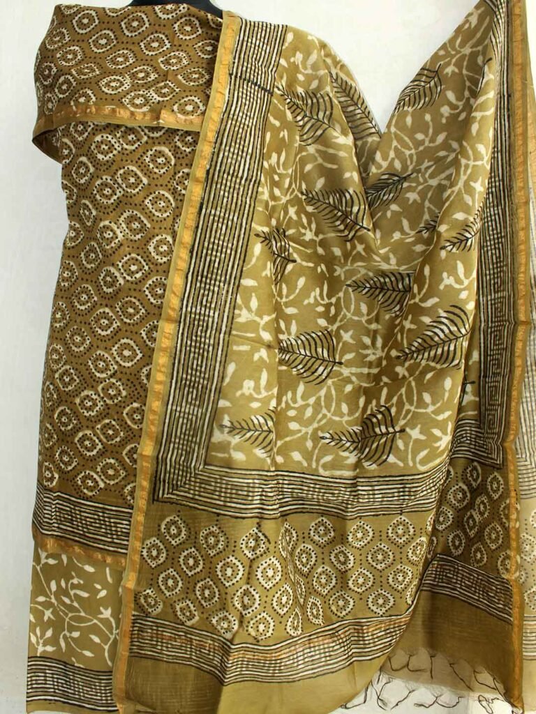 Yellowish-Green Block-Printed Chanderi Dress-material – Shilphaat.com