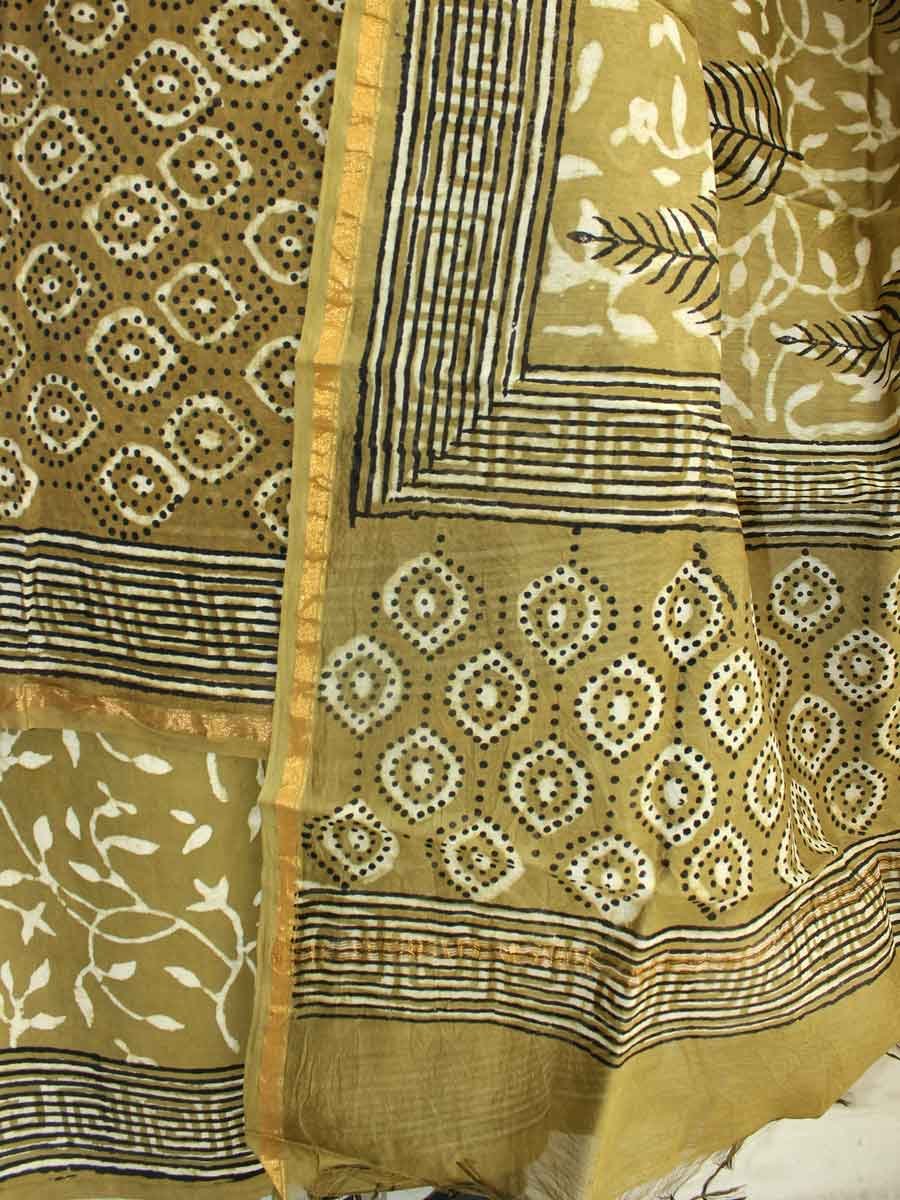 Yellowish-Green Block-Printed Chanderi Dress-material – Shilphaat.com