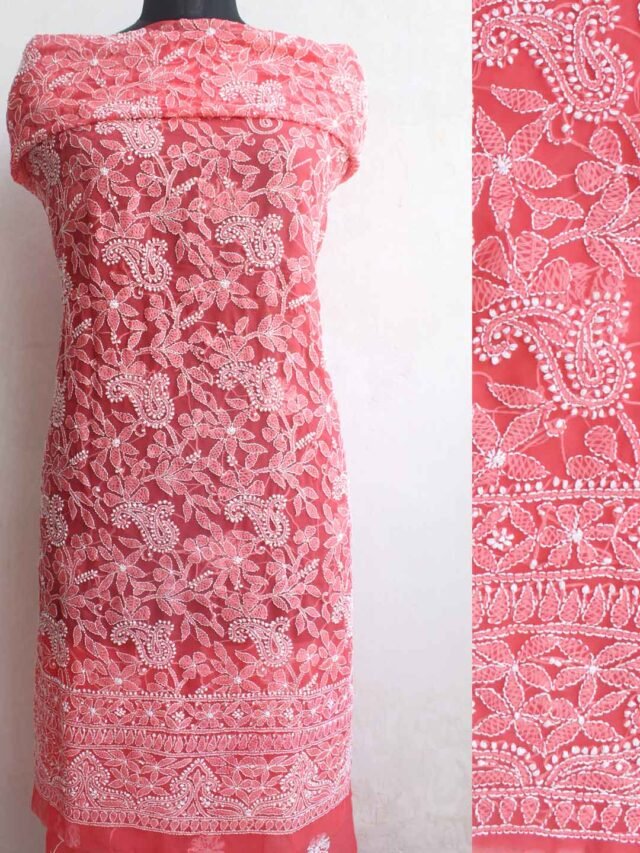 Carrot-red-georgette-chikankari-kurta-fabric
