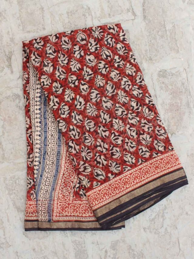 Red-and-black-block printed-kota-cotton-saree