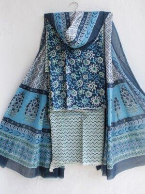 Dark-blue-and-white-Block-print-pure-cotton-dress-material at Shilphaat.com