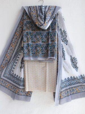 Gray,-yellow-,-white-block-print-pure-cotton-dress-material at Shilphaat.com