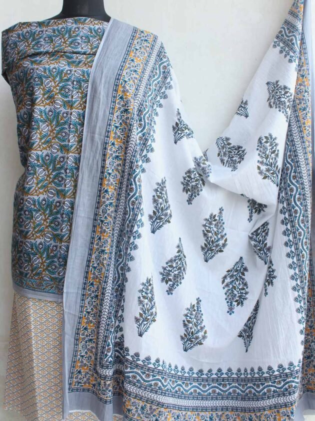 Gray, yellow, white-sanganeri-print-cotton-dress-material