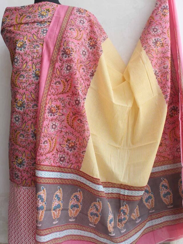 Pink,-yellow-and-white-sanganeri-print-cotton-dress-material
