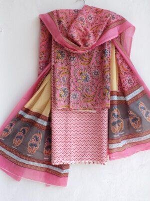 Pink,-yellow-and-white-sanganeri-print-pure-cotton-dress-material at Shilphaat.com