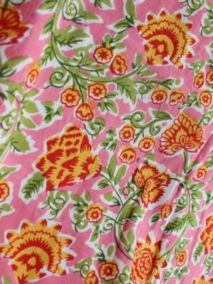 Pink,-yellow,-green-Sanganeri-block-print-pure-cotton-fabric