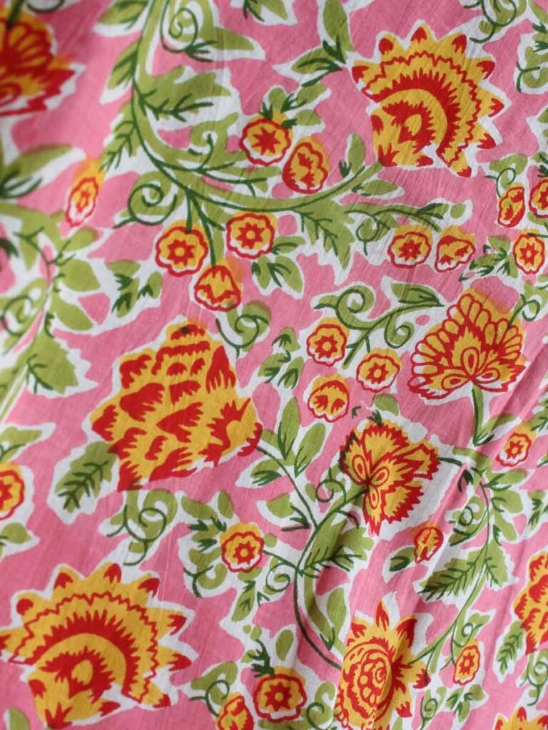 Pink, Yellow, Green Sanganeri Print cotton fabric – Shilphaat.com