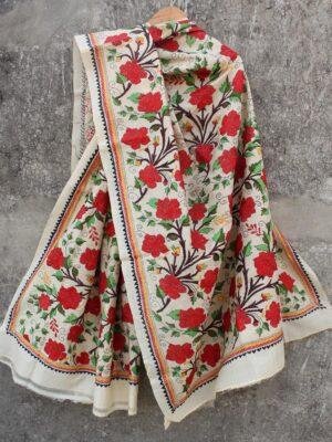 Red-roses-nakshi-kantha-tassar-silk-dupatta-Shilphaat