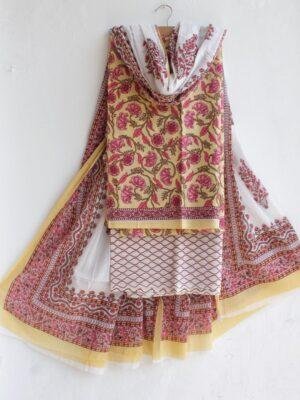 Yellow-and-white-Sanganeri-block-print-cotton-ladies-suit at Shilphaat