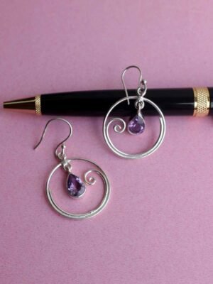 Purple-stone-hoop-real-silver-earrings