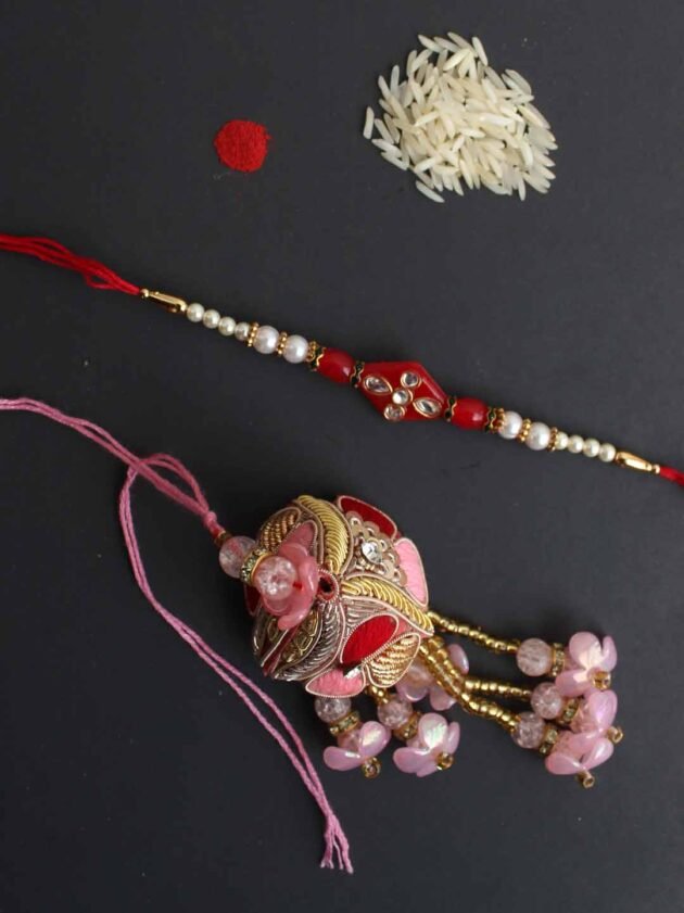 Red-and-pink-zari-kundan-baiya-bhabhi-Rakhi