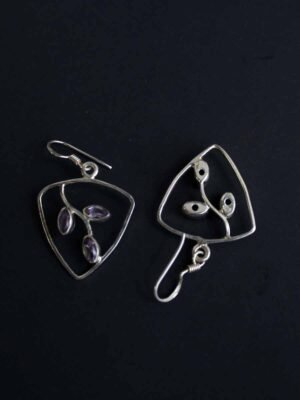 Triangular,-Purple-stone-real-silver-earrings