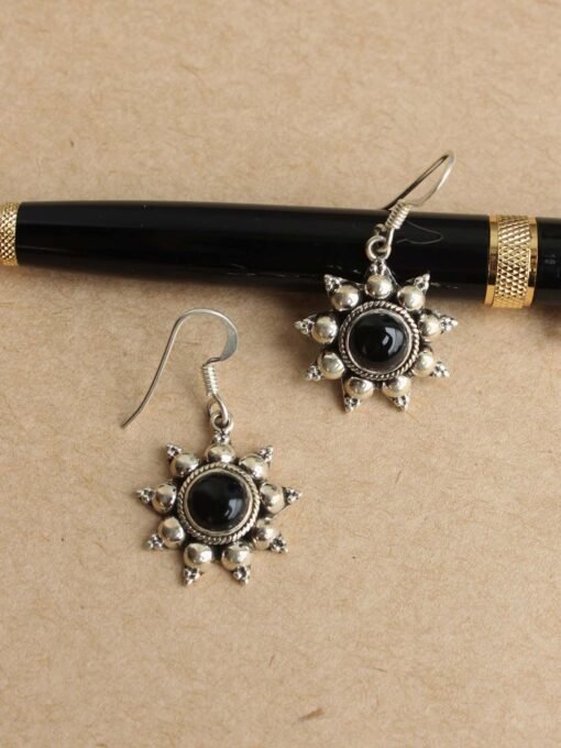 Black-stone,-round,-pure-silver-earrings