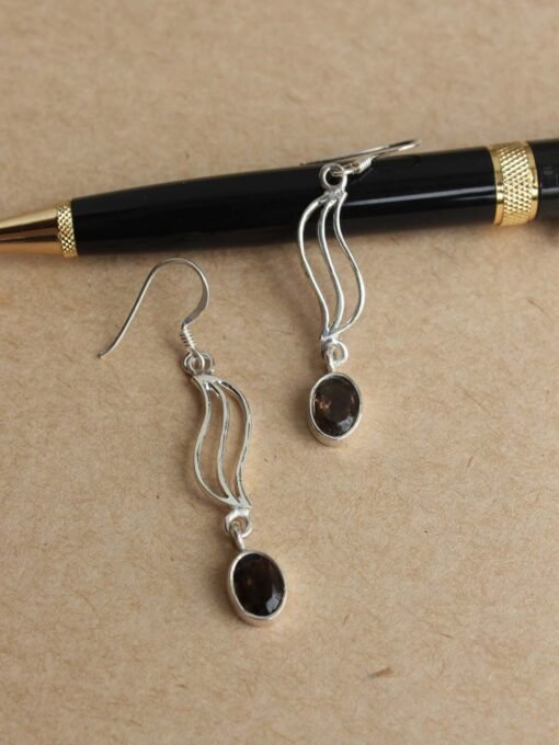 Blackish-Brown-stone,-pure-silver-earrings