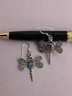 Blue-stone- silver dragonfly-earrings