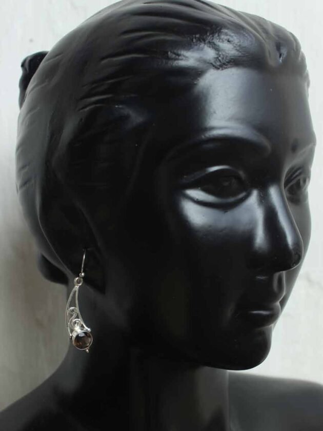 Coffee-brown-stone,-small-silver-earrings