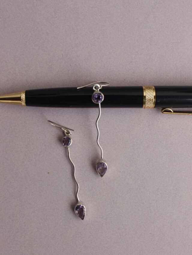 Purple-stone,-long-silver-dangle-earrings