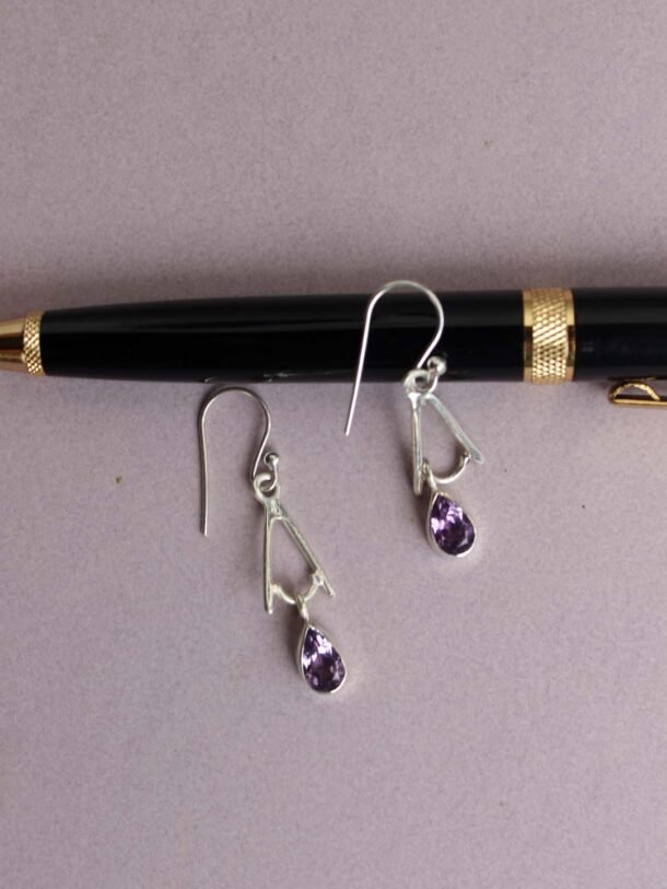 Purple-stone-,-triangular-silver-earrings