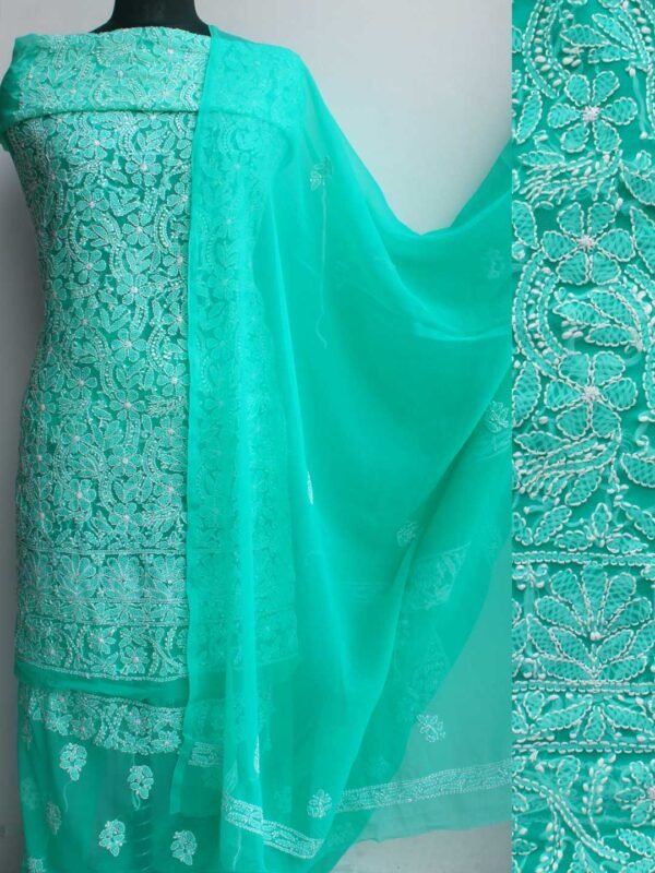 Unstitched Georgette Chikankari Dress Material | Hand Embroidered Kurta, Bottom & Dupatta main image 0