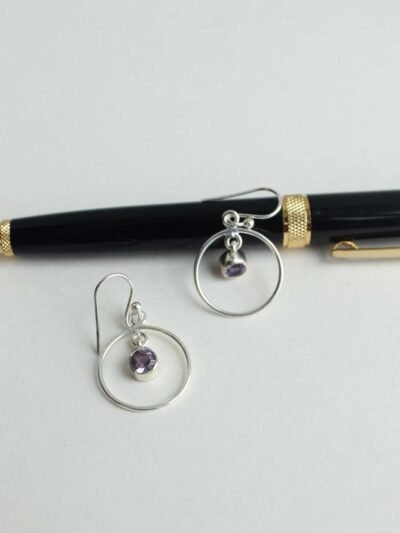 Purple-stone-circular-,-real-silver-earrings