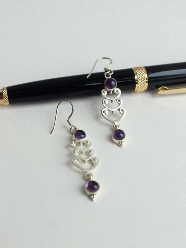 Purple-stone-long-silver-earrings
