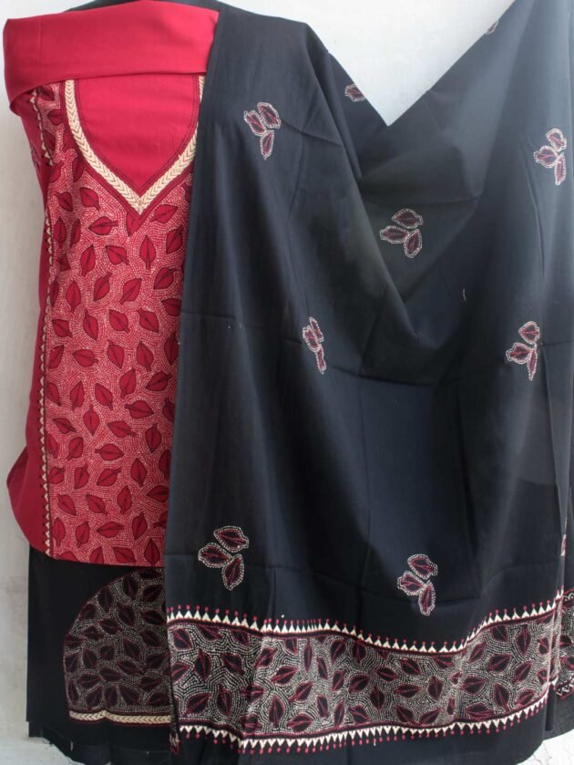 Red-and-Black-kantha-embroidered-cotton-Dress-material
