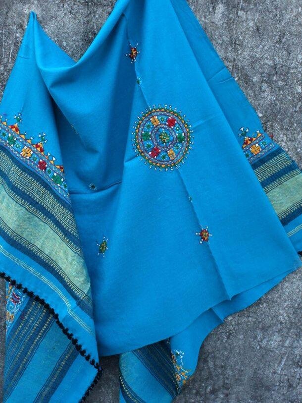 Firozi-Blue-Suf-narein-embroidered-woolen-shawl at Shilphaat.com