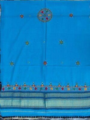 Firozi-Blue-narein-handembroidered-bhujodi-woolen-shawl at Shilphaat.com