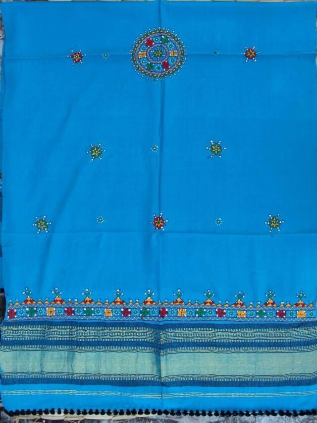 Firozi-Blue-narein-handembroidered-bhujodi-woolen-shawl at Shilphaat.com
