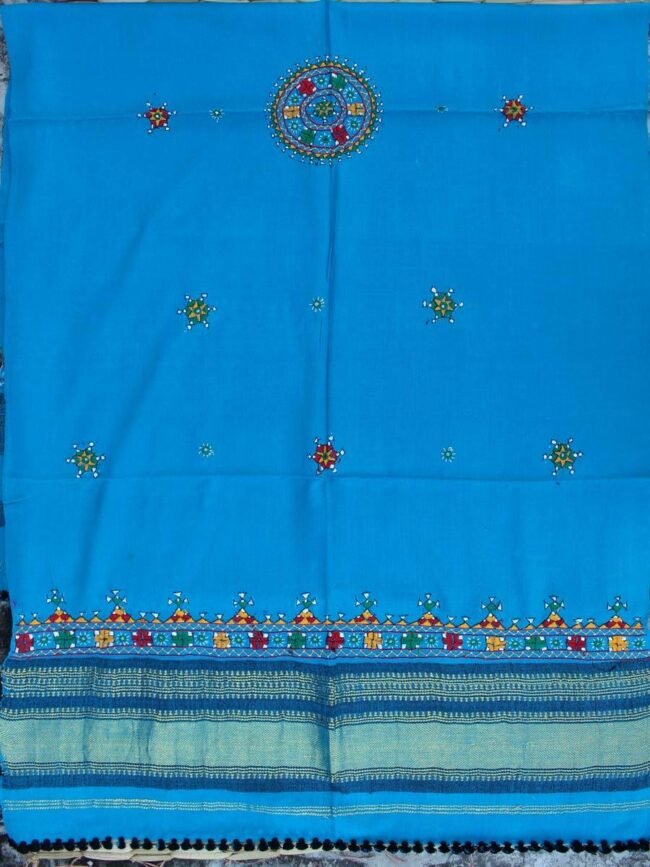 Firozi-Blue-narein-handembroidered-bhujodi-woolen-shawl at Shilphaat.com