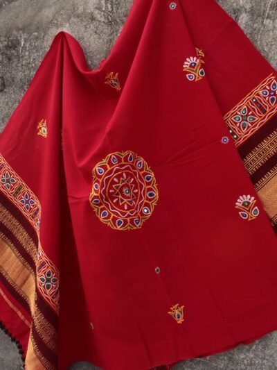 Bright-Red-Ahir-embroidered-woolen-shawl