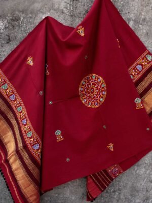 Maroon-Red-Ahir-embroidered-Woolen-Shawl